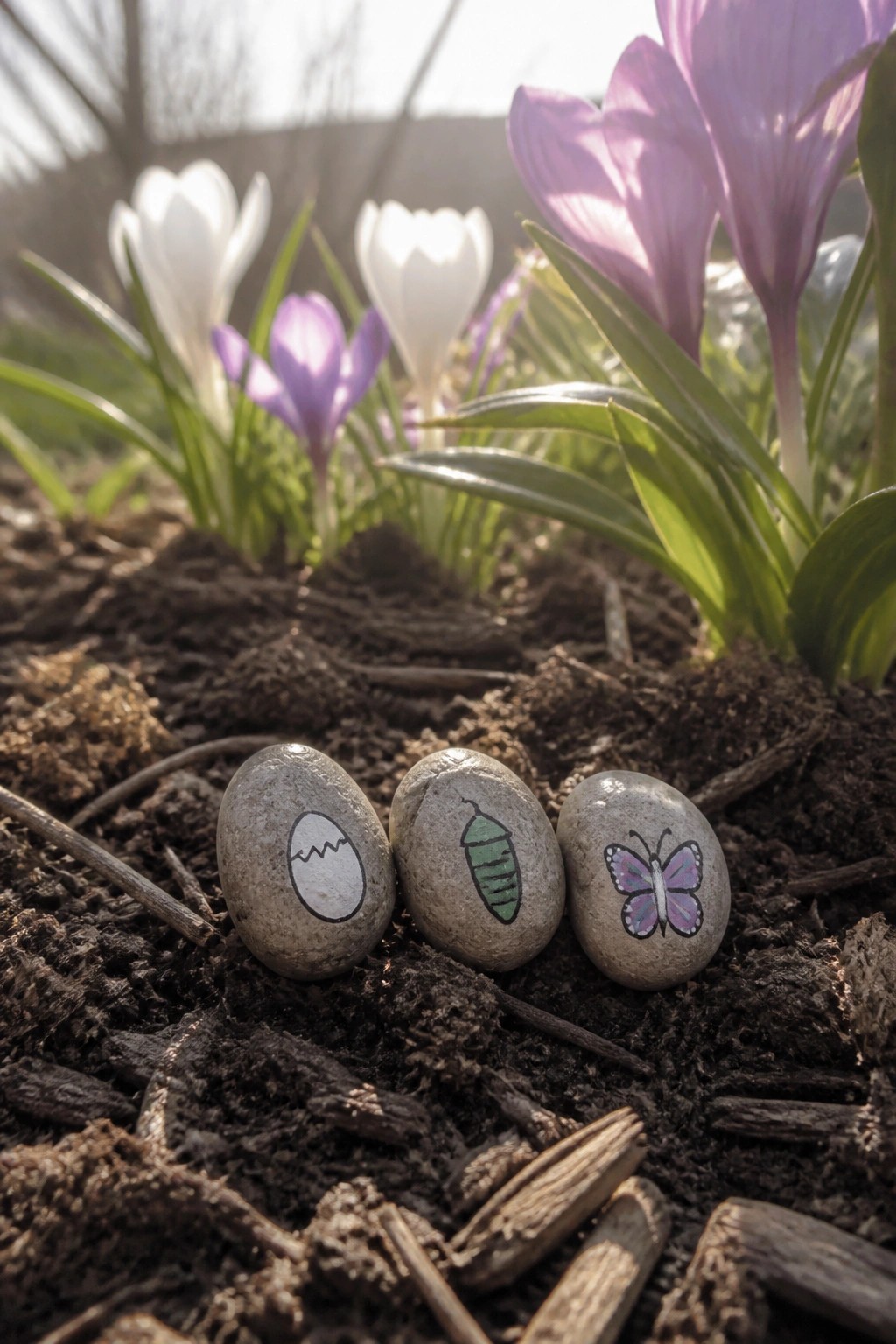 Three painted rocks depicting butterfly life cycle amid blooming purple crocuses in soil