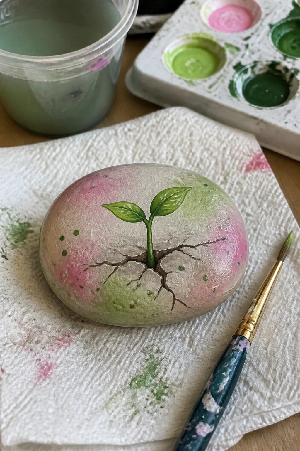 Painted rock with green sprout emerging from cracks beside paintbrush on paper towel