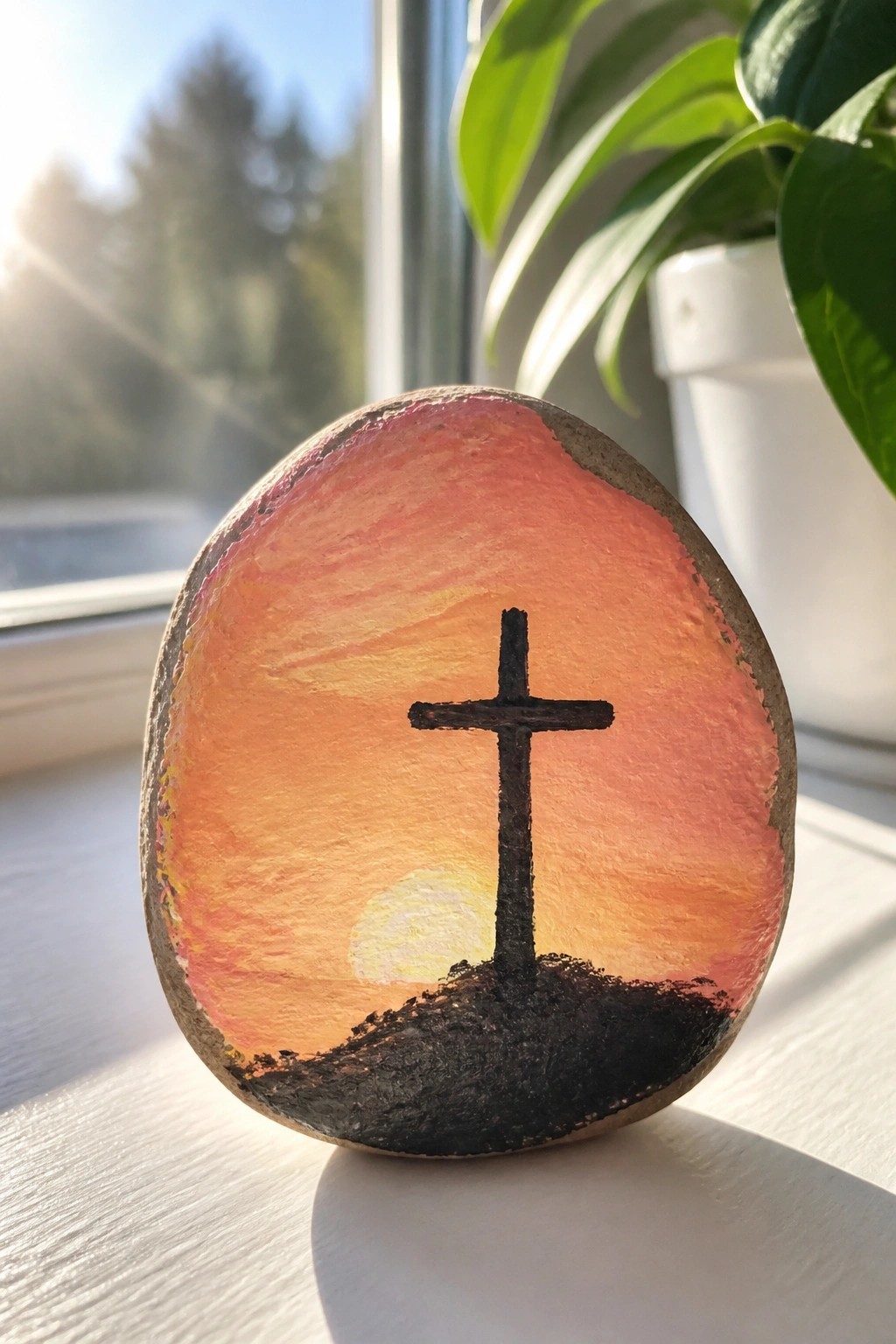 Painted rock with black cross silhouetted against orange-pink sunset over dark hill