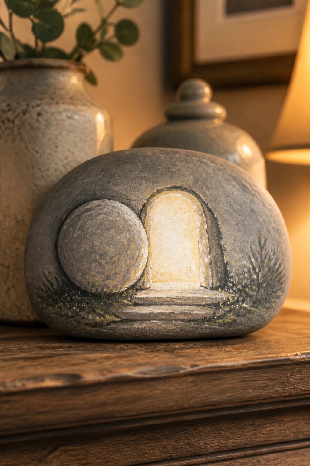 Painted gray stone with arched doorway, steps, and grassy details on wood