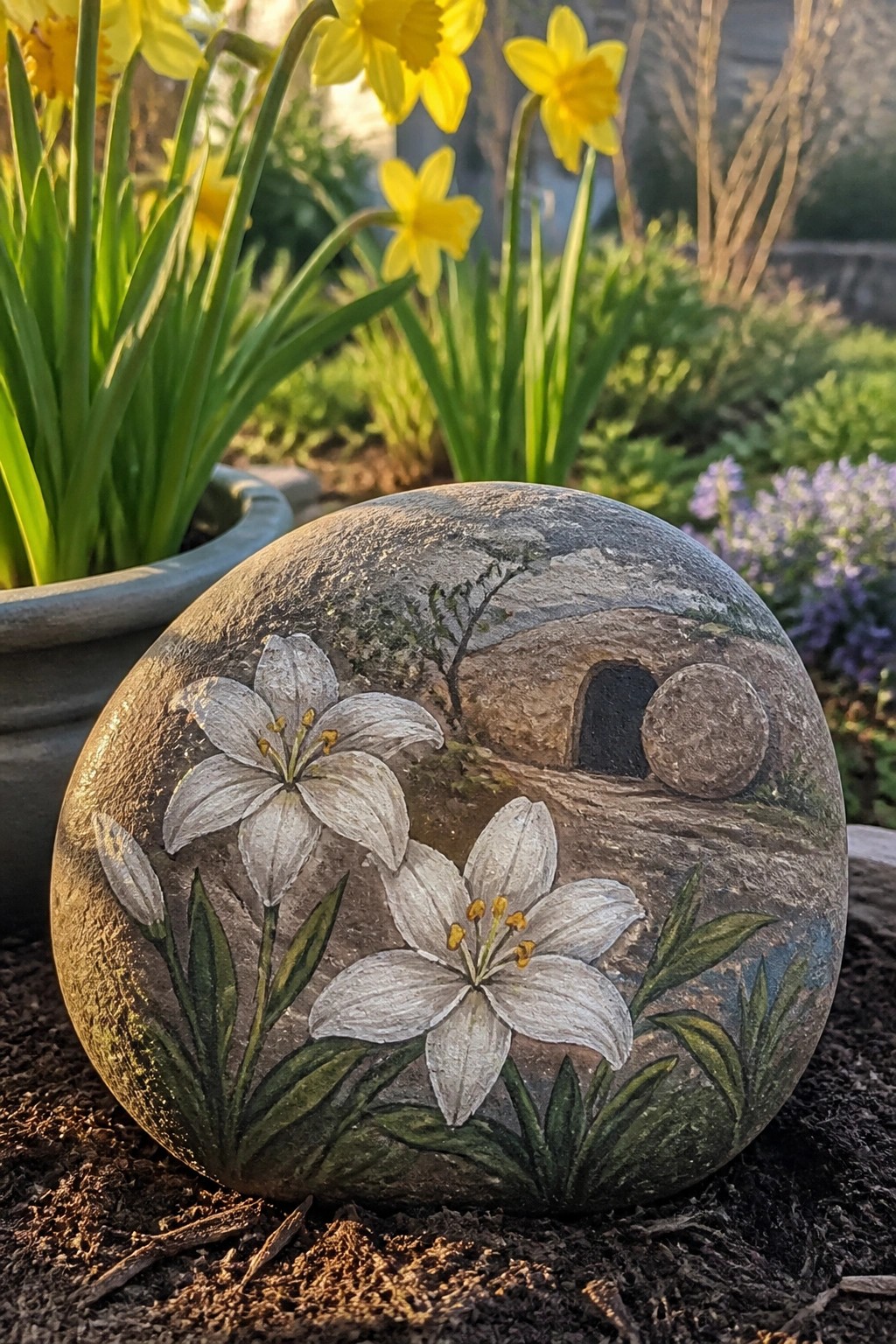 Painted rock with white lilies beside empty stone tomb amid yellow daffodils.