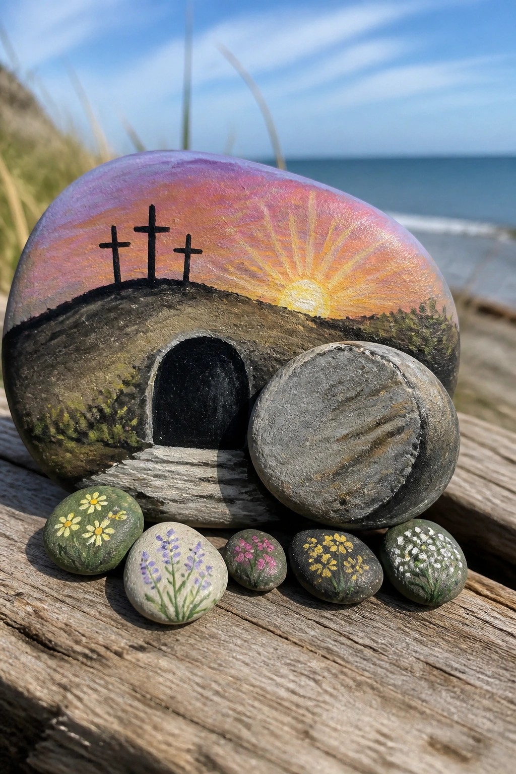 Painted rocks depict empty tomb, three crosses at sunrise, and flower designs on wood.