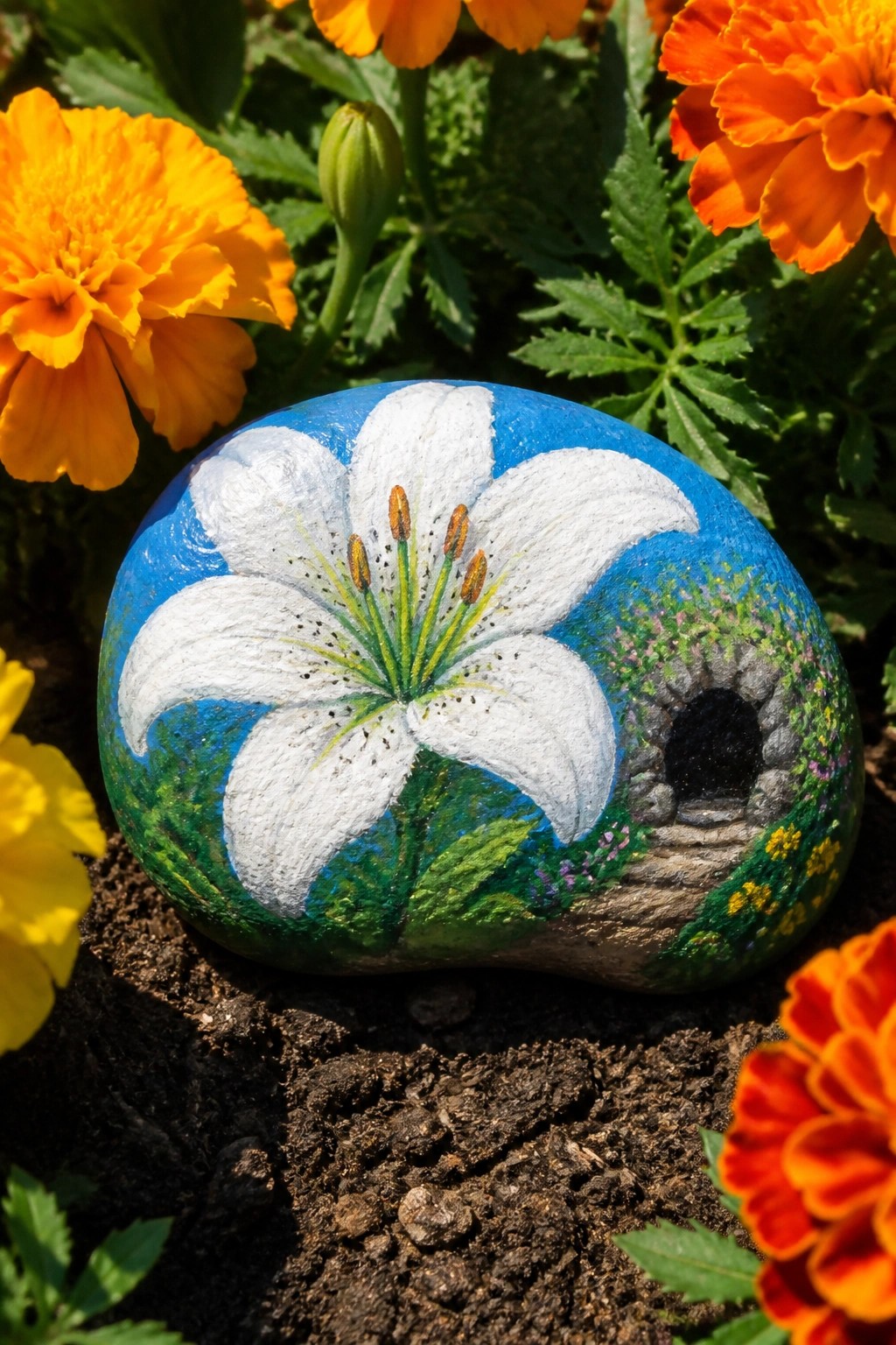 A painted rock with a white lily and empty tomb sits among orange marigolds in soil.