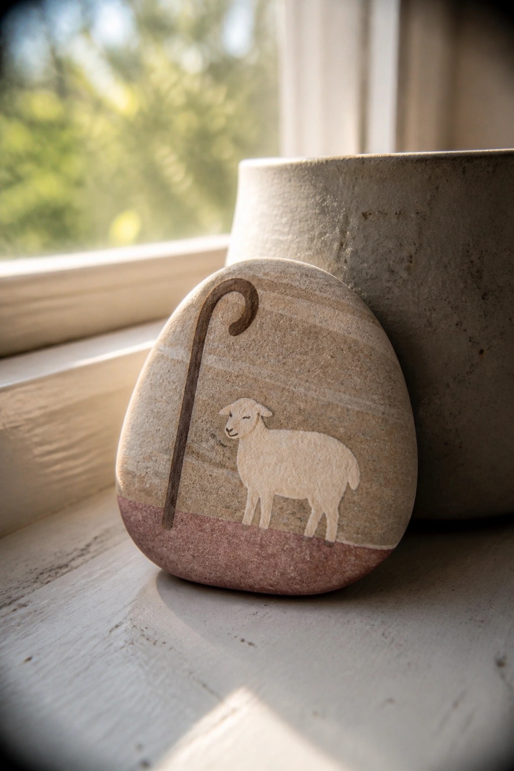 Painted stone with white sheep and shepherd's crook on windowsill beside pot