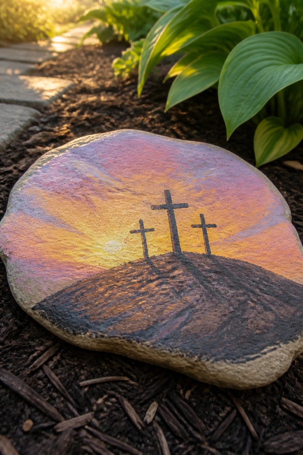 Painted rock showing three crosses on a hill under a vibrant sunset sky.
