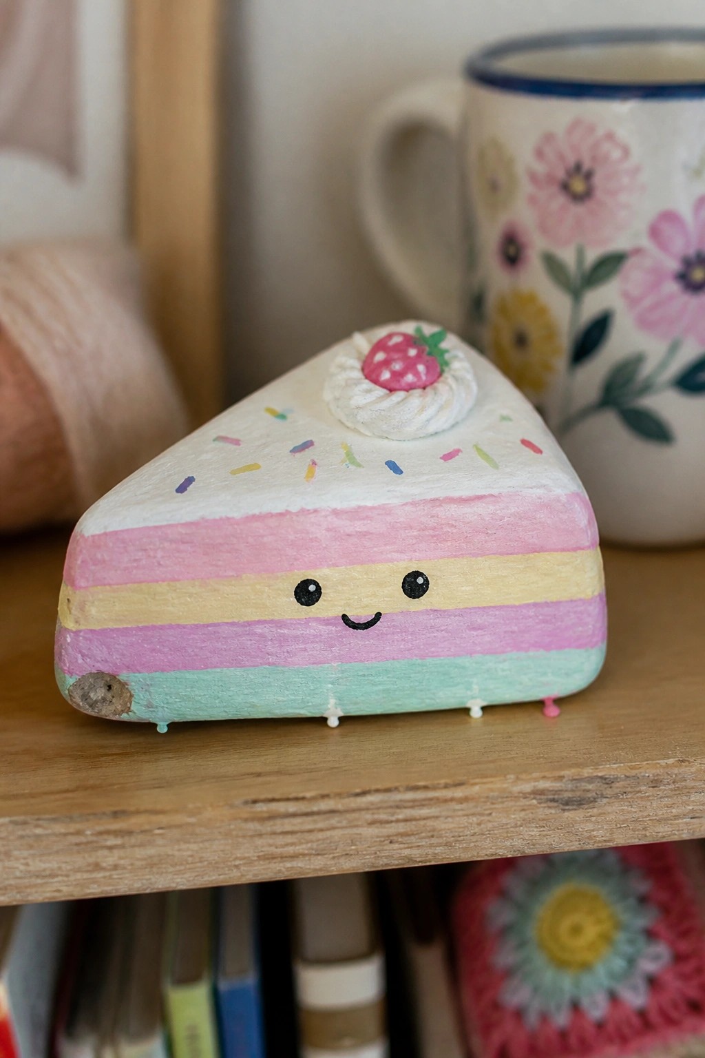 Pastel cake-slice rock with sprinkles, strawberry, whipped cream, and smiling face on wood shelf