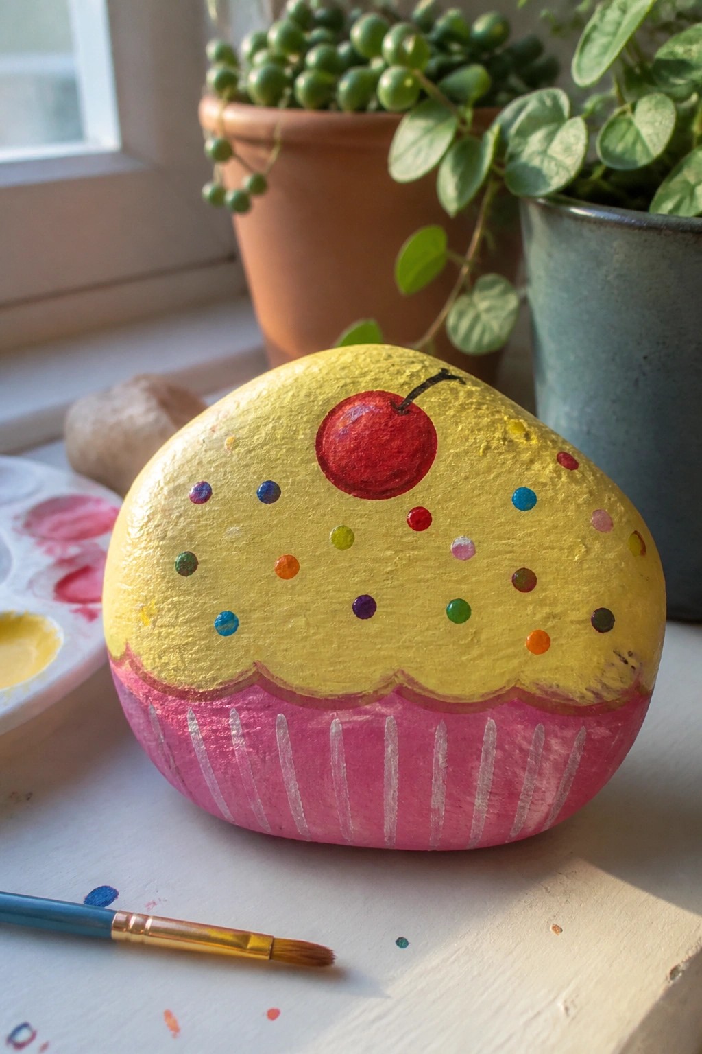 Painted rock cupcake with yellow top, red cherry, pink base, and sprinkles near plants