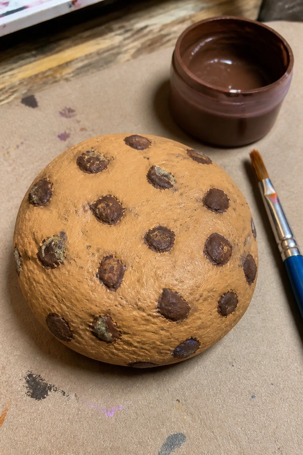 Painted rock shaped like chocolate chip cookie beside paint jar and brush on paper