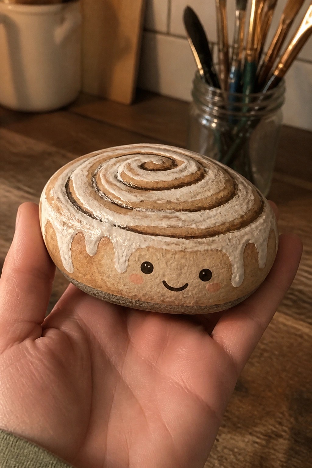 Hand holding a smiling cinnamon roll painted on a round stone with icing drips