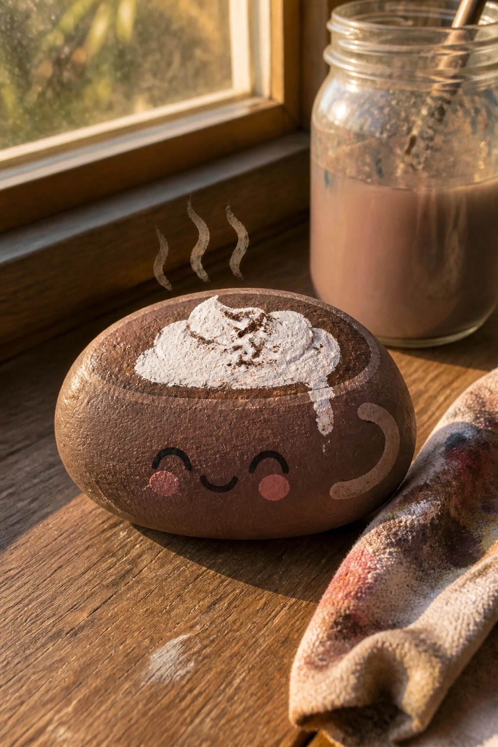 Painted rock like smiling hot cocoa mug with whipped cream and steam on wooden table.
