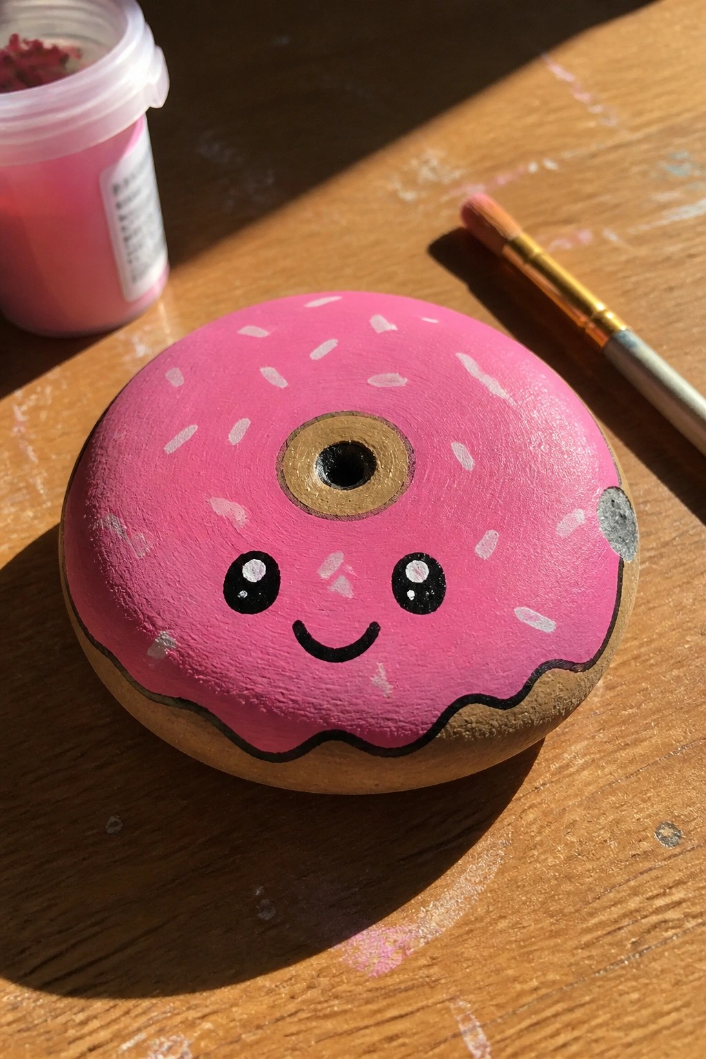 Painted donut rock with pink frosting, sprinkles, cute face, beside paintbrush on wood.