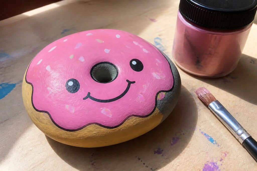 Painted donut rock with pink frosting, sprinkles, cute face, beside paintbrush on wood.
