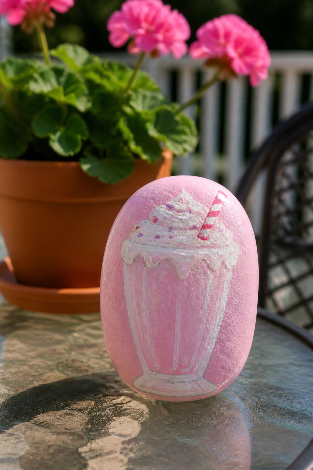 Pink painted rock shaped like a milkshake with whipped cream and striped straw.