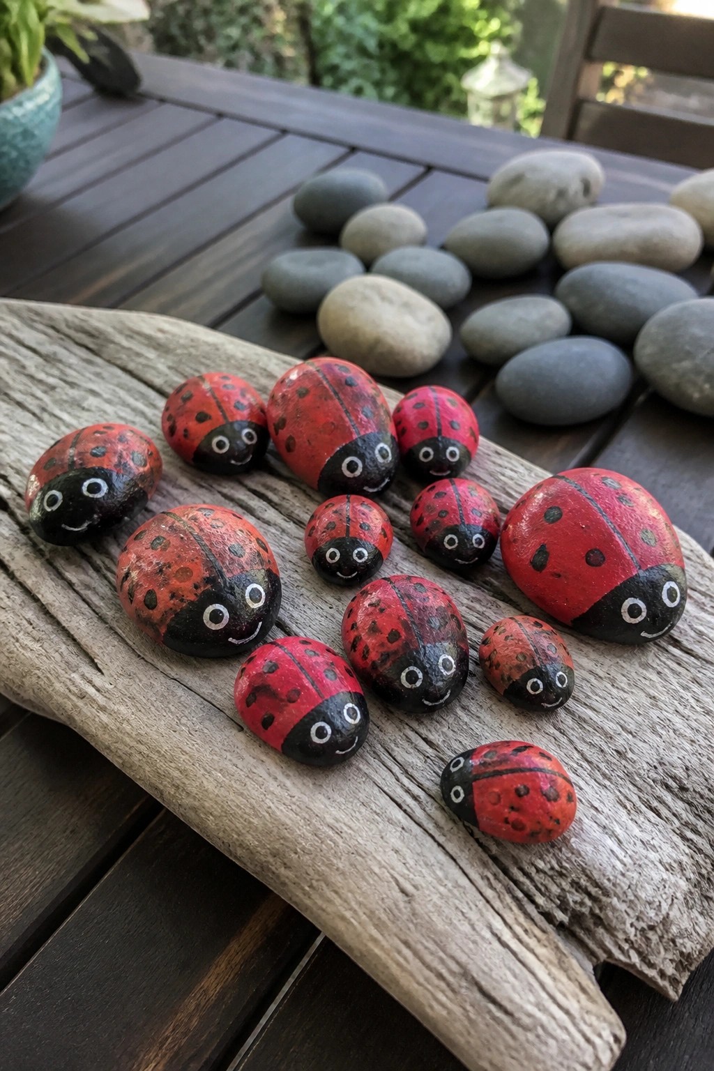 A group of small stones painted as red ladybugs with black spots and simple faces sits on a piece of driftwood, with plain stones visible on a wooden table behind them.