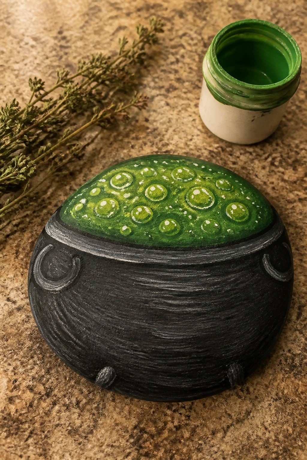 Painted rock cauldron with green bubbles beside paint jar and dried herbs