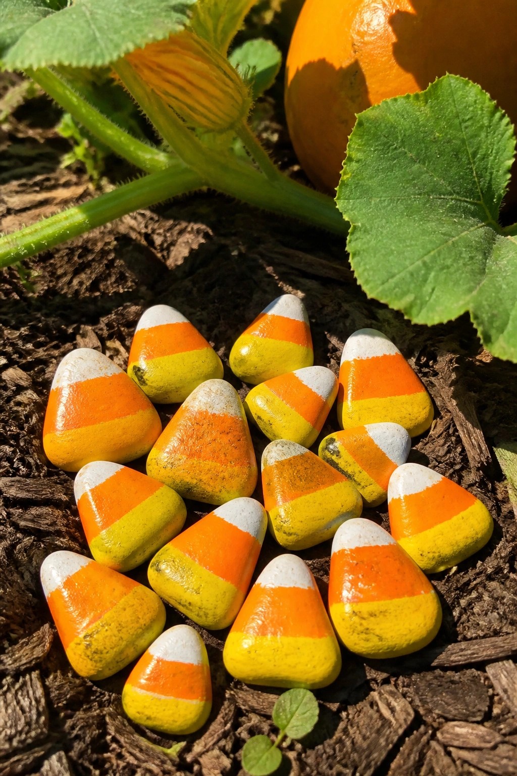 Candy corn painted rocks clustered on soil near pumpkin and green leaves