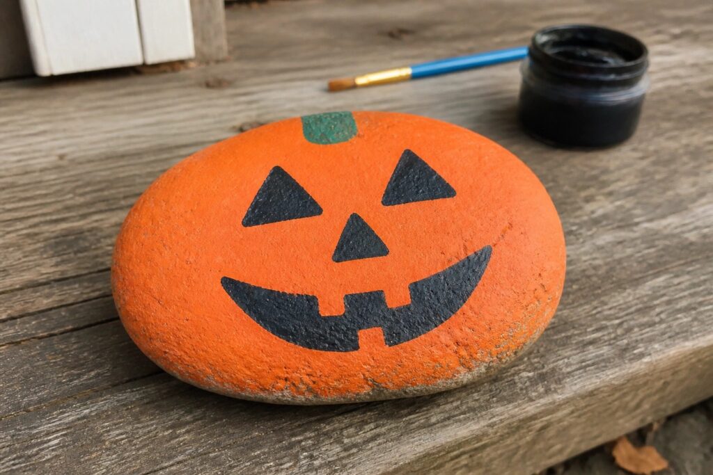 21 Spooky Halloween Rock Painting Ideas Without Complicated Techniques Orange rock painted as jack-o'-lantern with black face and green stem on wooden steps