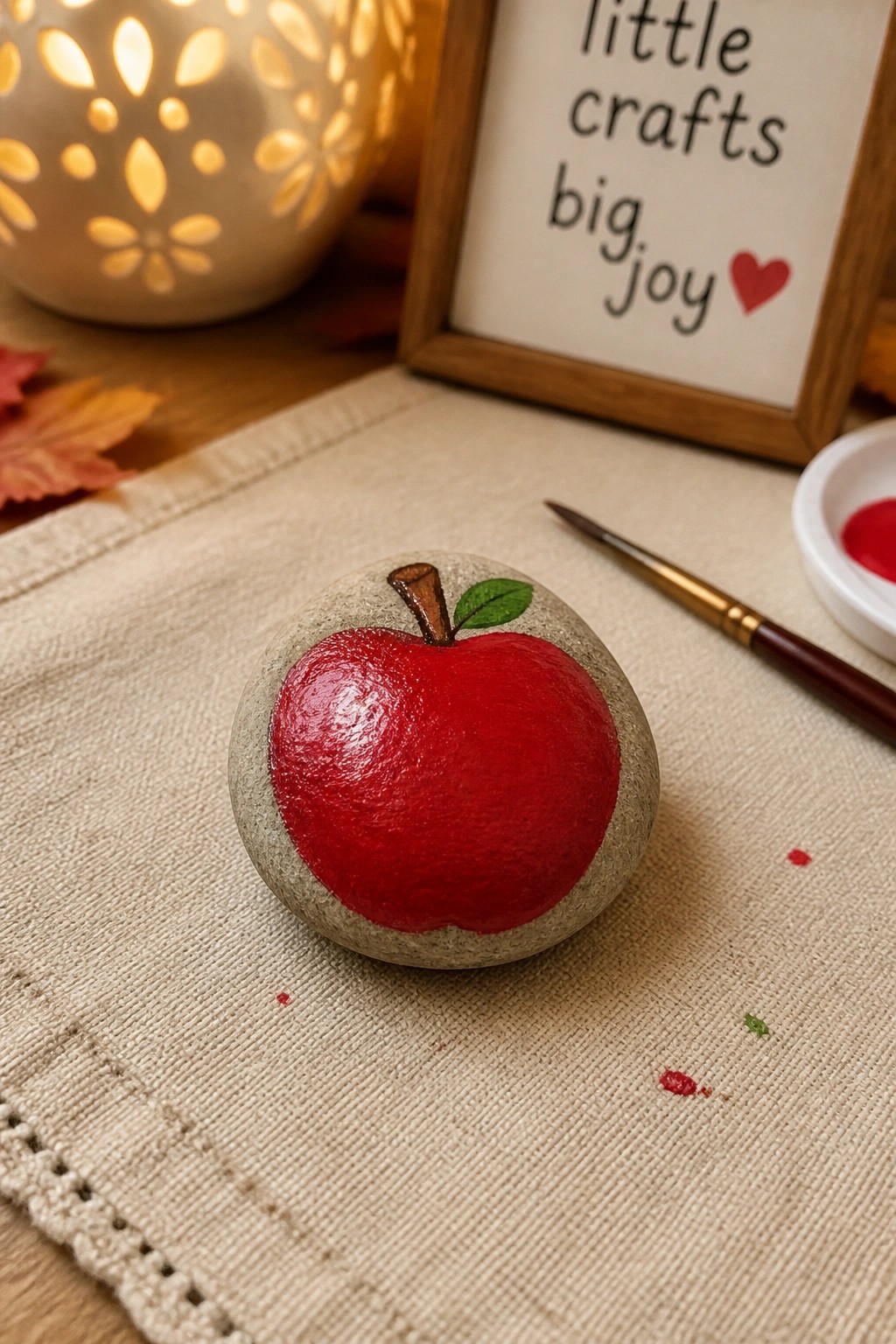 Red apple painted on stone atop beige fabric with brush and lantern nearby