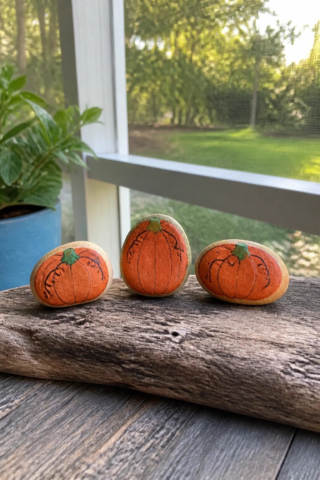 Three hand-painted orange pumpkin rocks on weathered wood by a window
