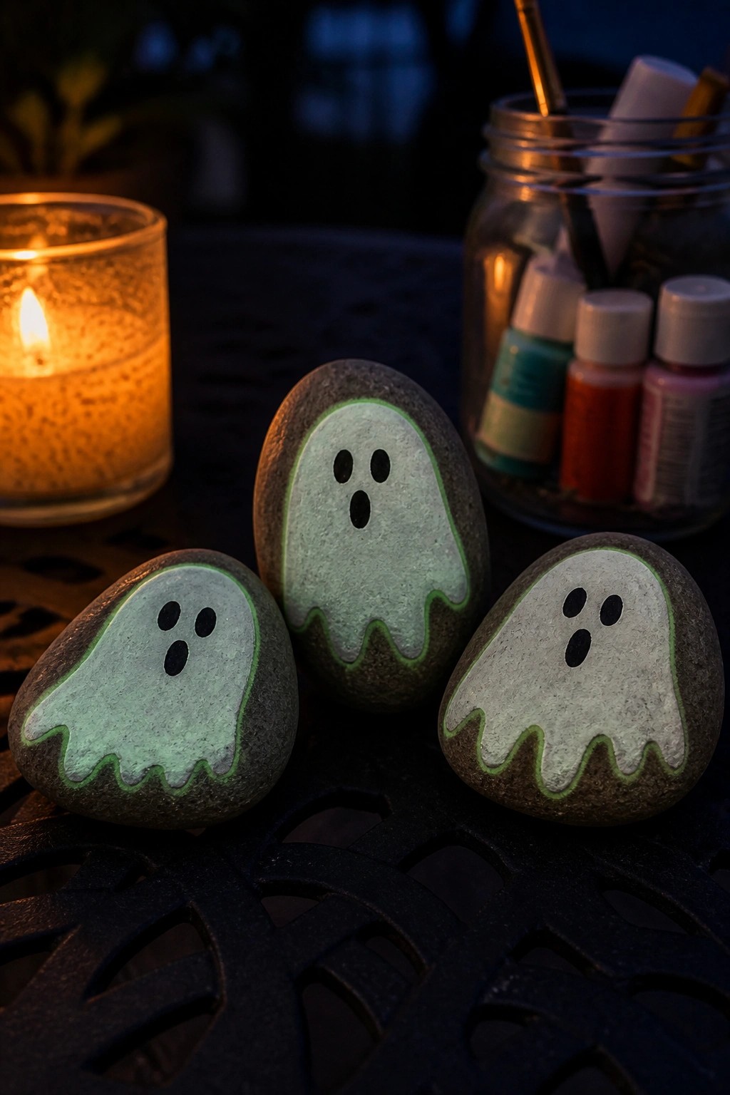 Three glowing ghost-painted rocks beside a lit candle and paint supplies jar at night