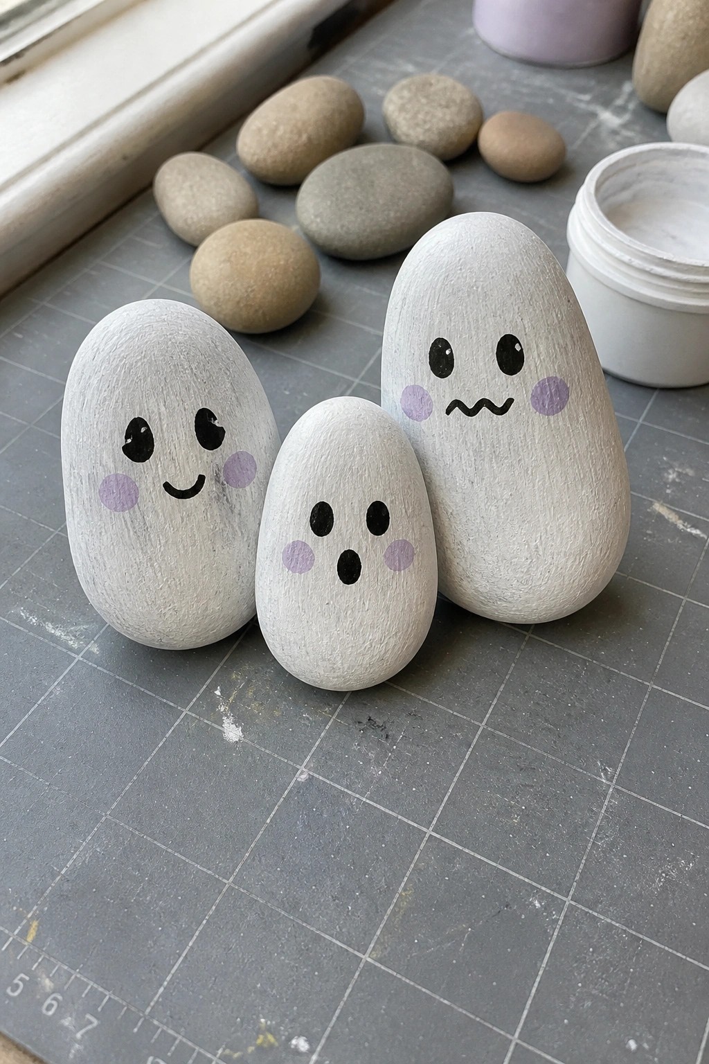 Three white-painted rocks with cute ghost faces and purple cheeks on a gray mat
