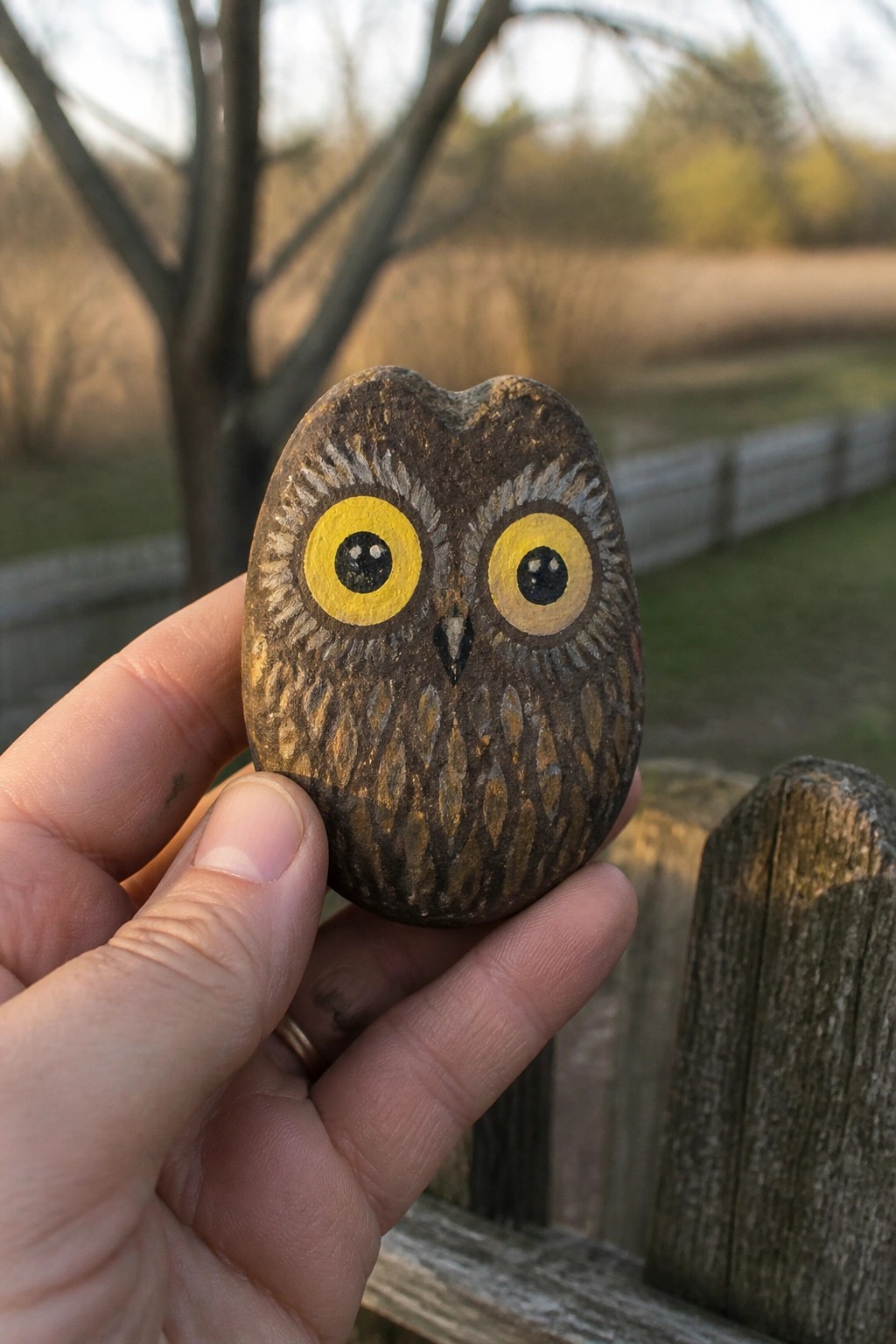 Hand holding brown painted stone owl with large yellow eyes outdoors near fence.