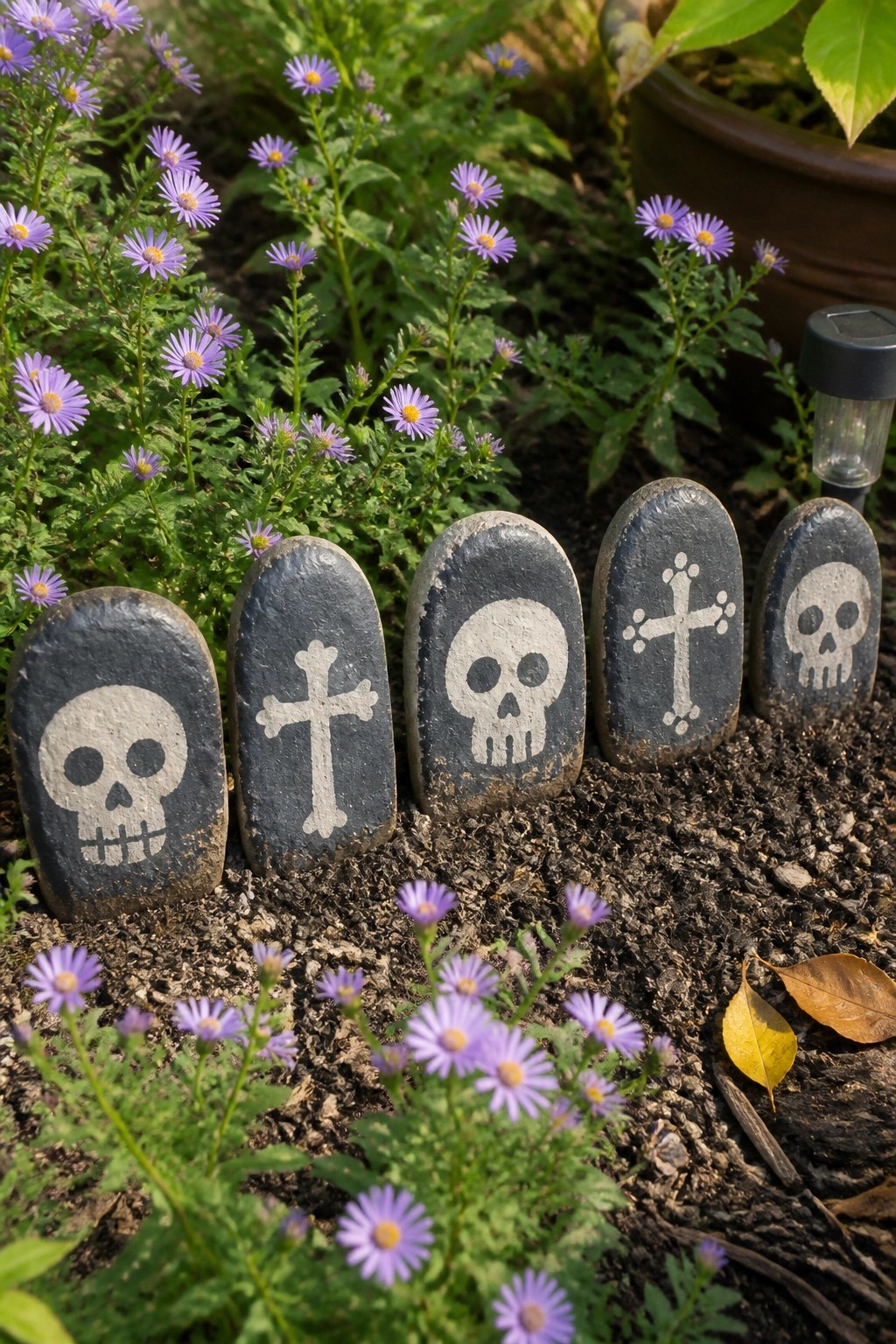 Skull and cross painted rocks in soil amid blooming purple flowers