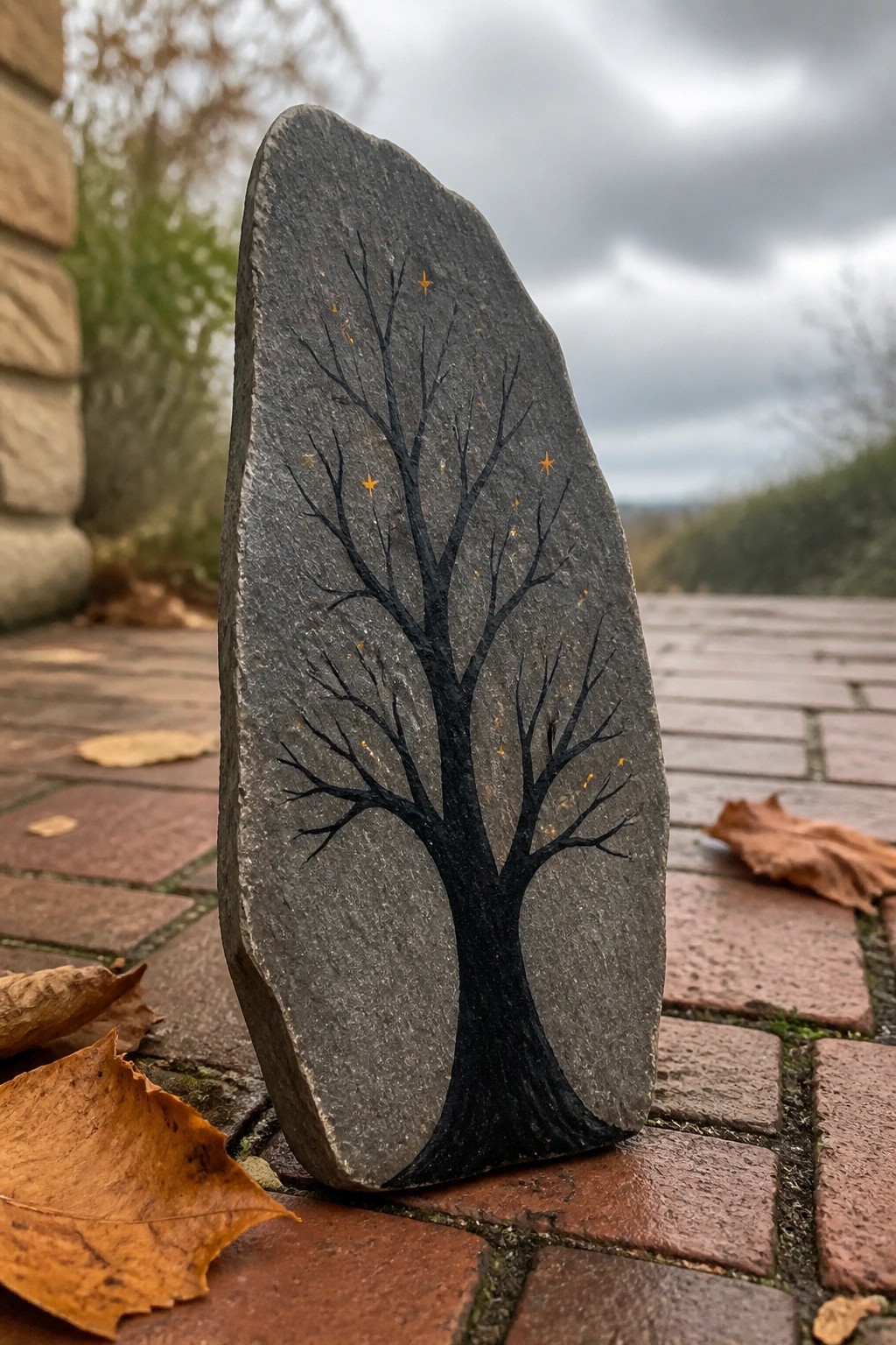 Painted gray stone with black bare tree and yellow stars on brick surface with leaves