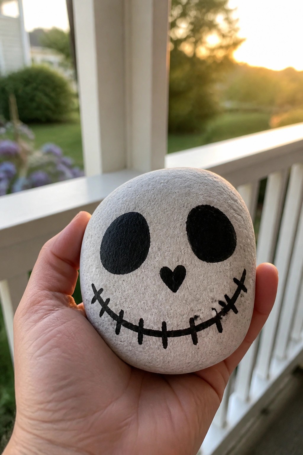 A hand holds a light gray rock painted with a spooky face featuring large black eyes, a small black heart nose, and a stitched black smile.