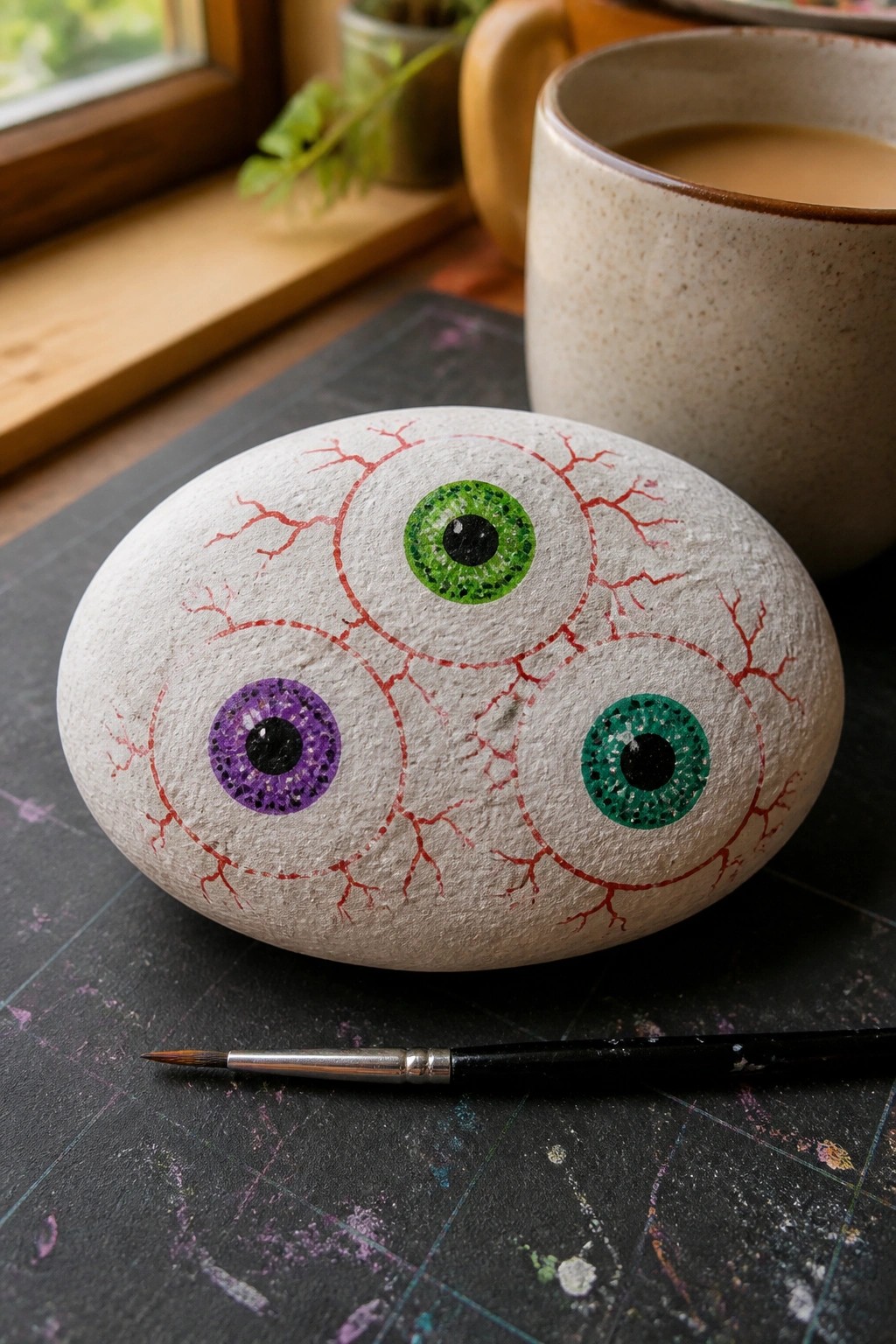 Painted rock with three purple and green eyes and red veins beside paintbrush