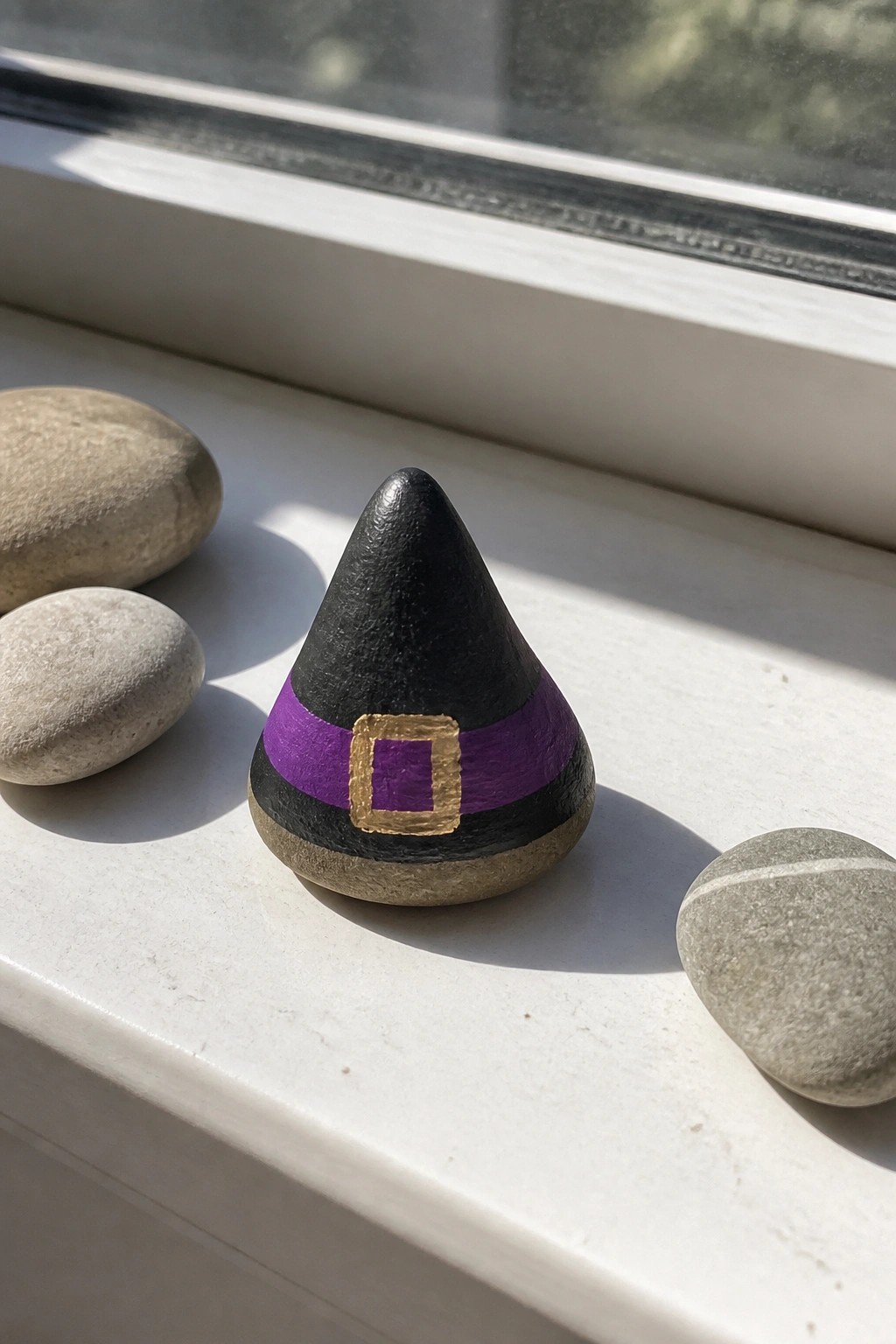 Painted rock shaped as black witch hat with purple band and gold buckle on windowsill
