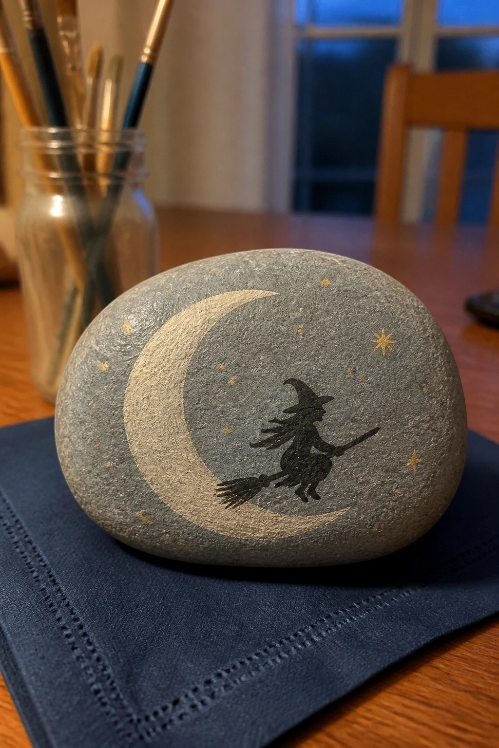 Gray stone painted with white crescent moon, black witch silhouette, and gold stars.