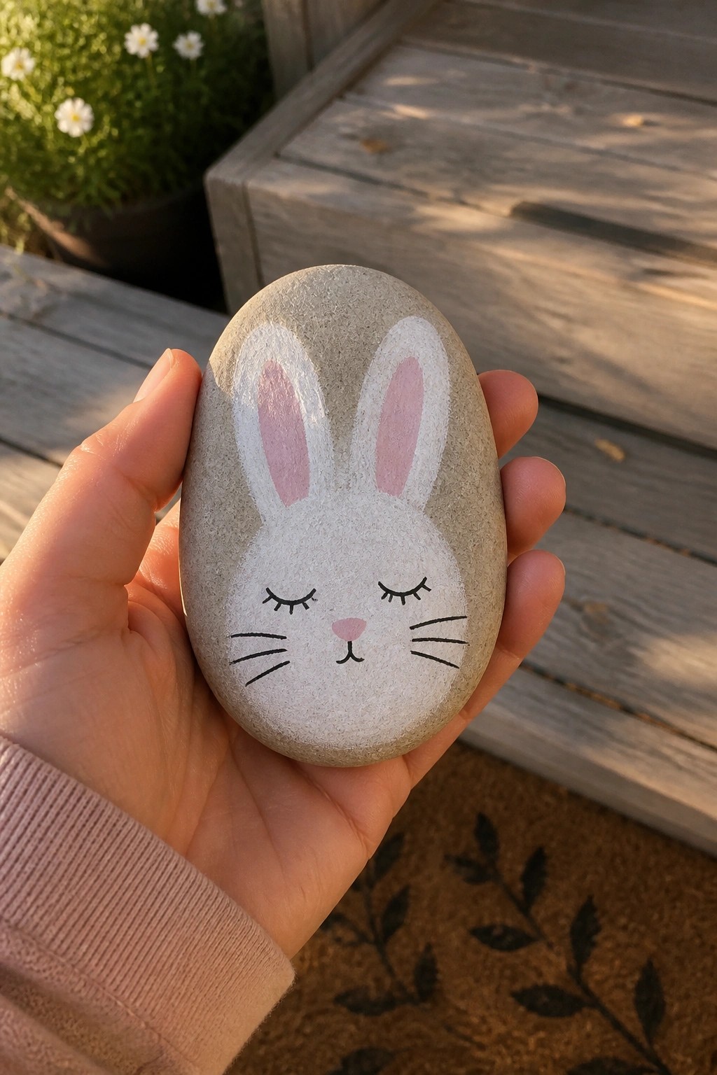 Hand holding gray stone painted as sleeping bunny with pink ears and whiskers.
