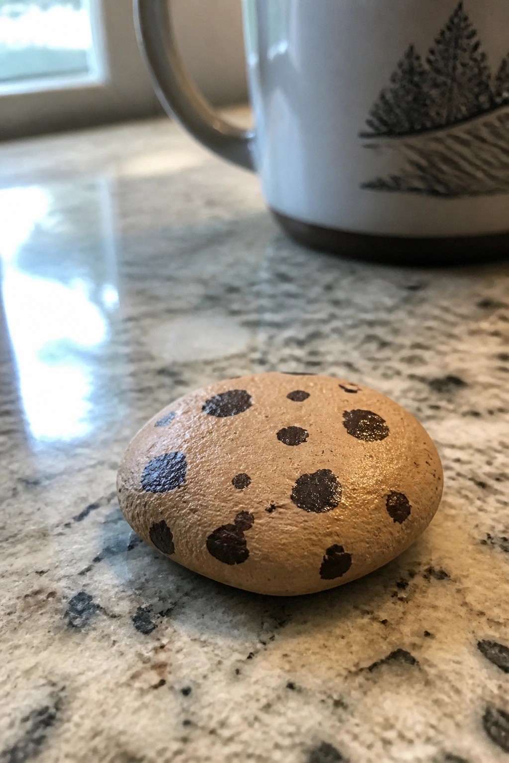 Round painted rock resembling chocolate chip cookie on speckled granite countertop with mug