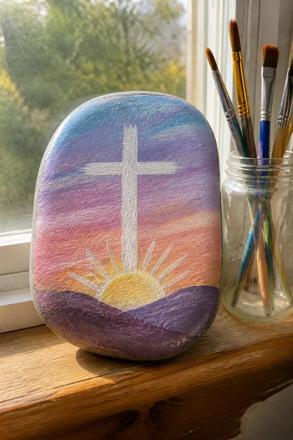 Painted rock with white cross, sunset sky, sun over hills beside paintbrushes