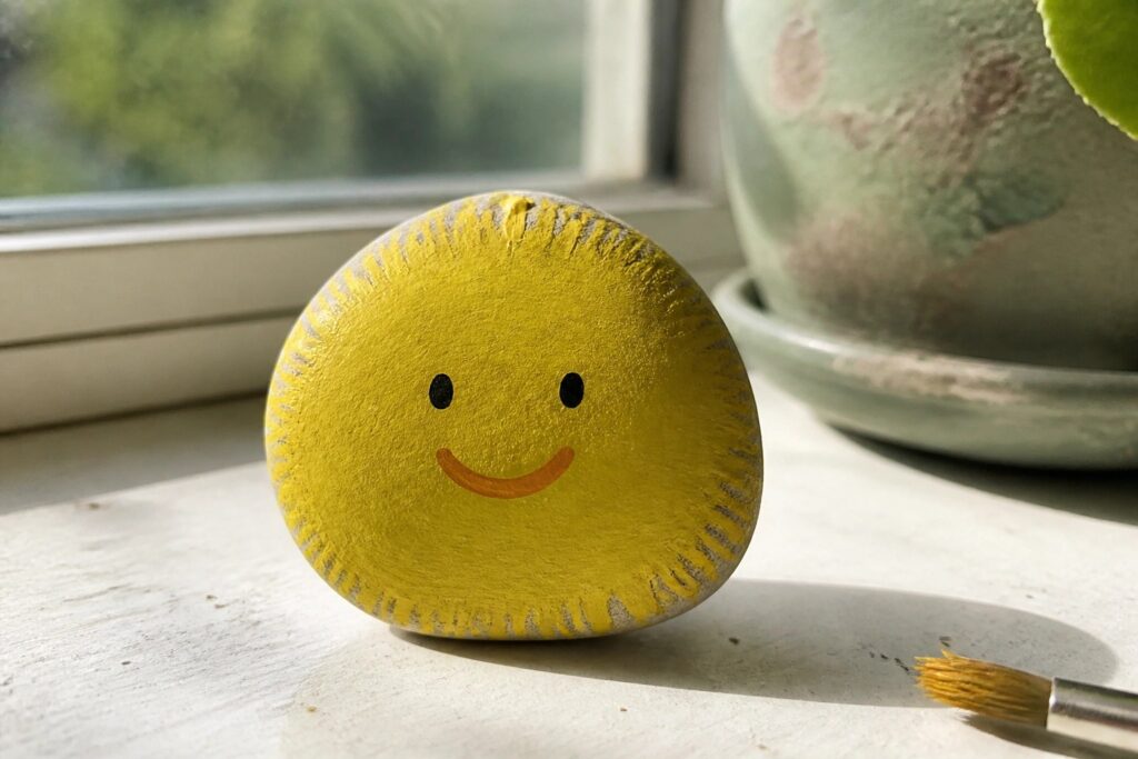 22 Beginner-Friendly Rock Painting Projects That Build Basic Painting Skills Yellow smiley face painted on round stone on windowsill beside paintbrush