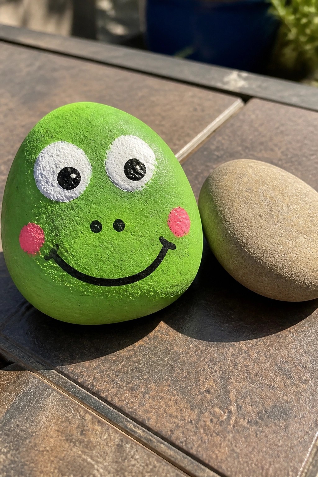 Green frog-faced rock with white eyes and pink cheeks beside plain stone on tiles