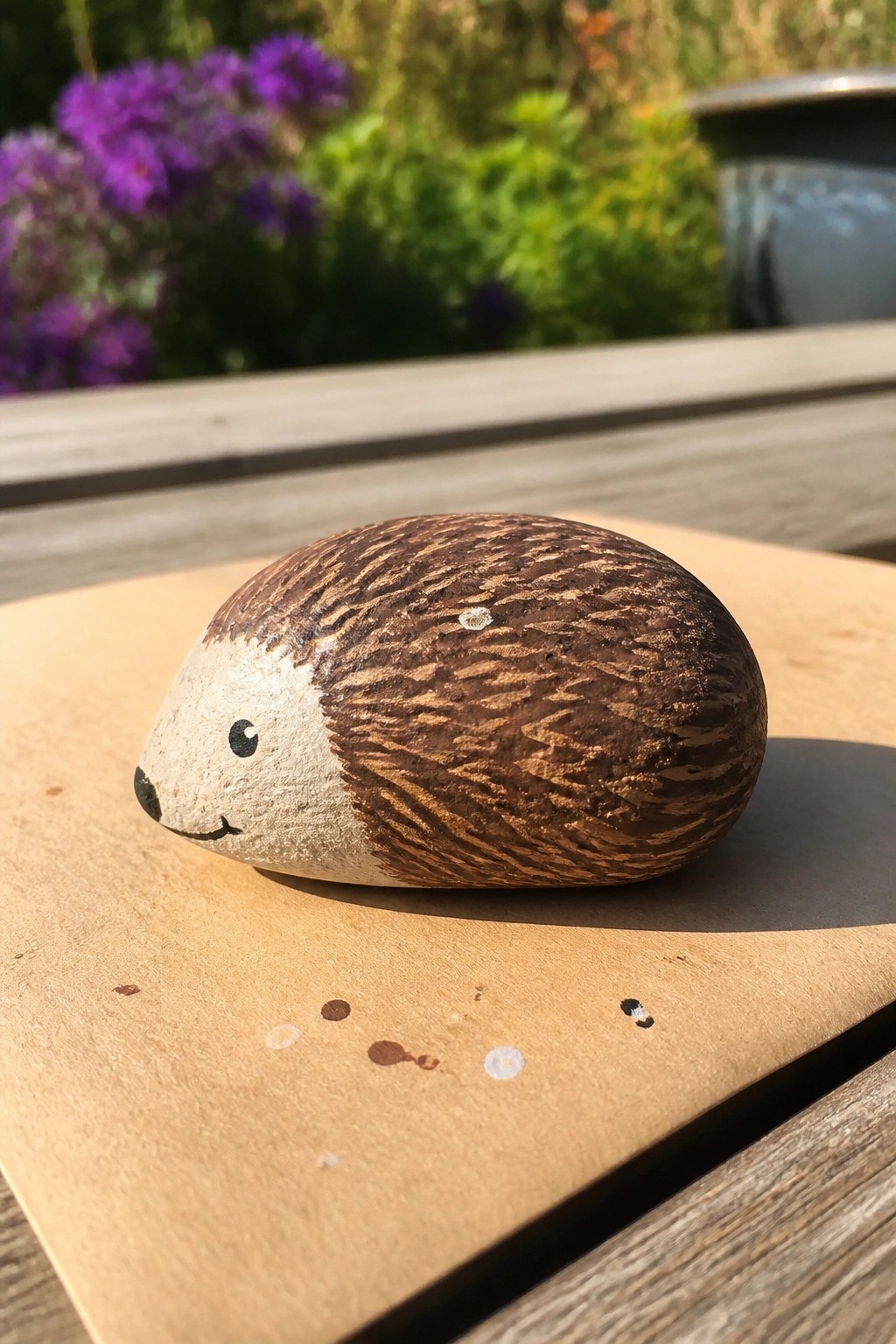 Painted rock hedgehog with brown spiky back and smiling beige face on wood