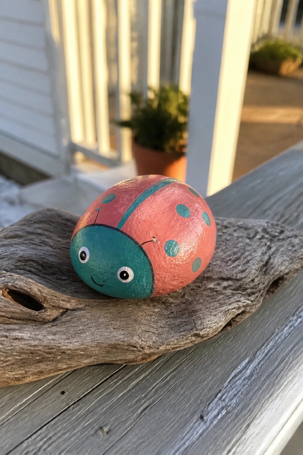 Hand-painted smiling ladybug rock with teal head on weathered driftwood.