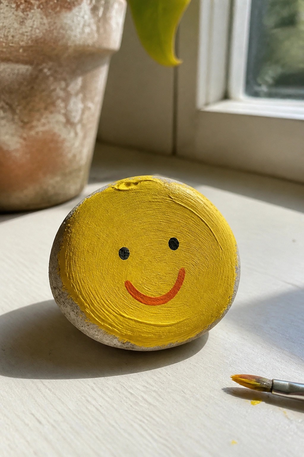 Yellow smiley face painted on round stone on windowsill beside paintbrush