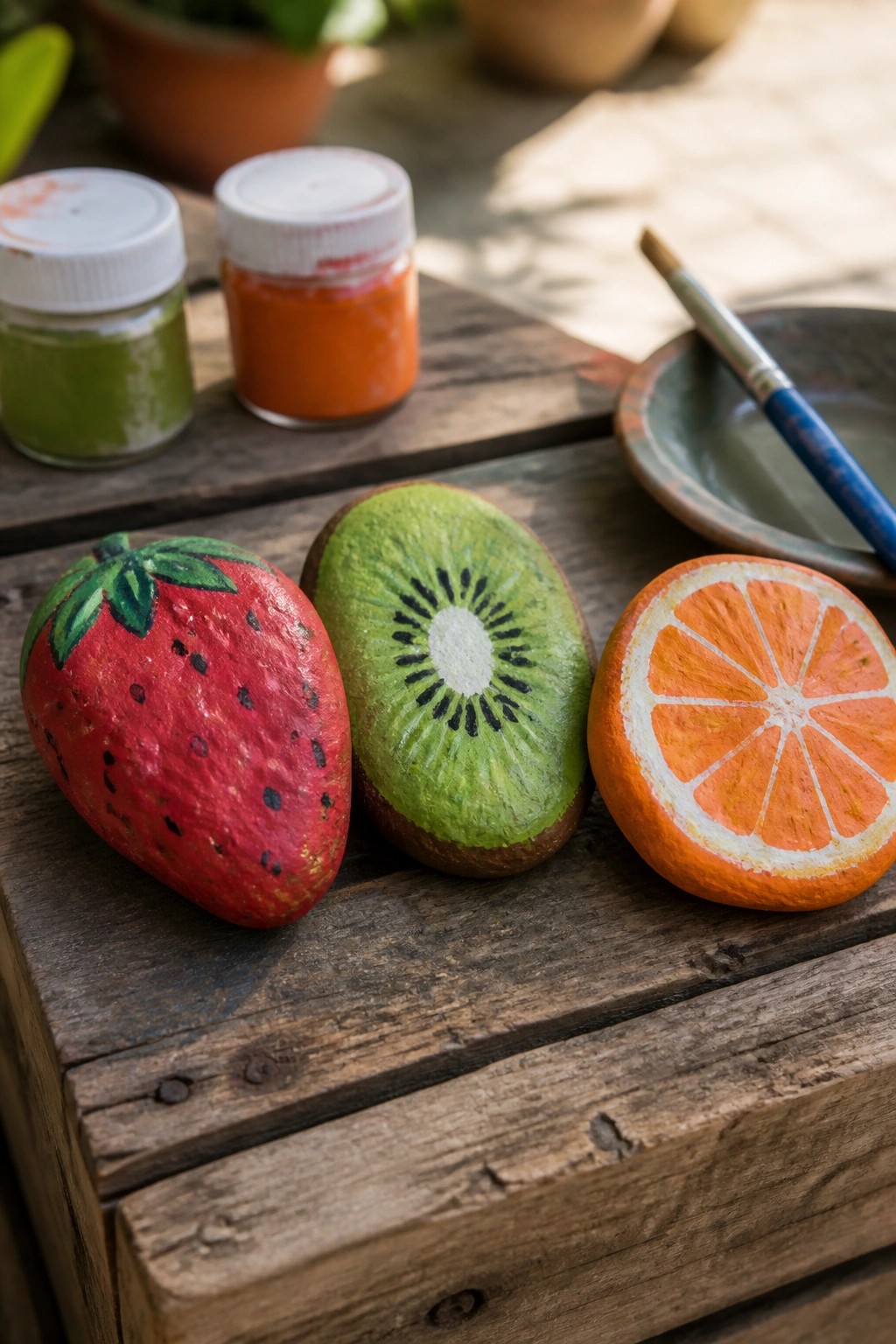 Painted rocks as strawberry, kiwi, and orange slice on wooden table with paints.