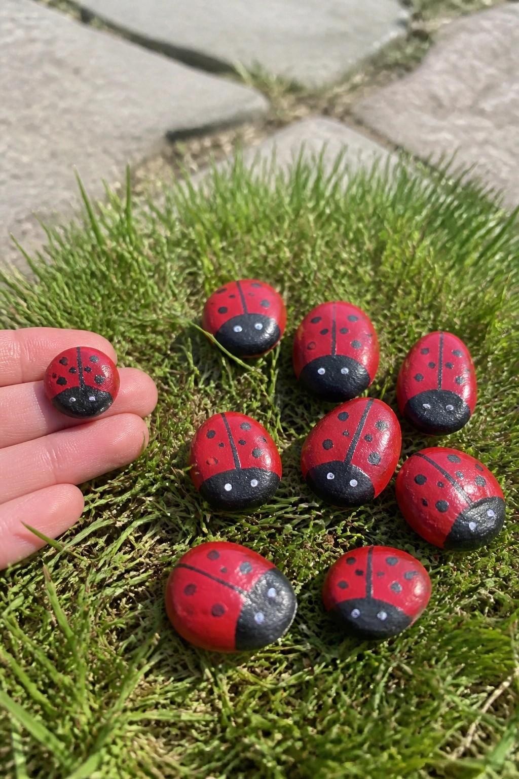 Multiple red-and-black ladybug rocks on grass, one held by hand near path