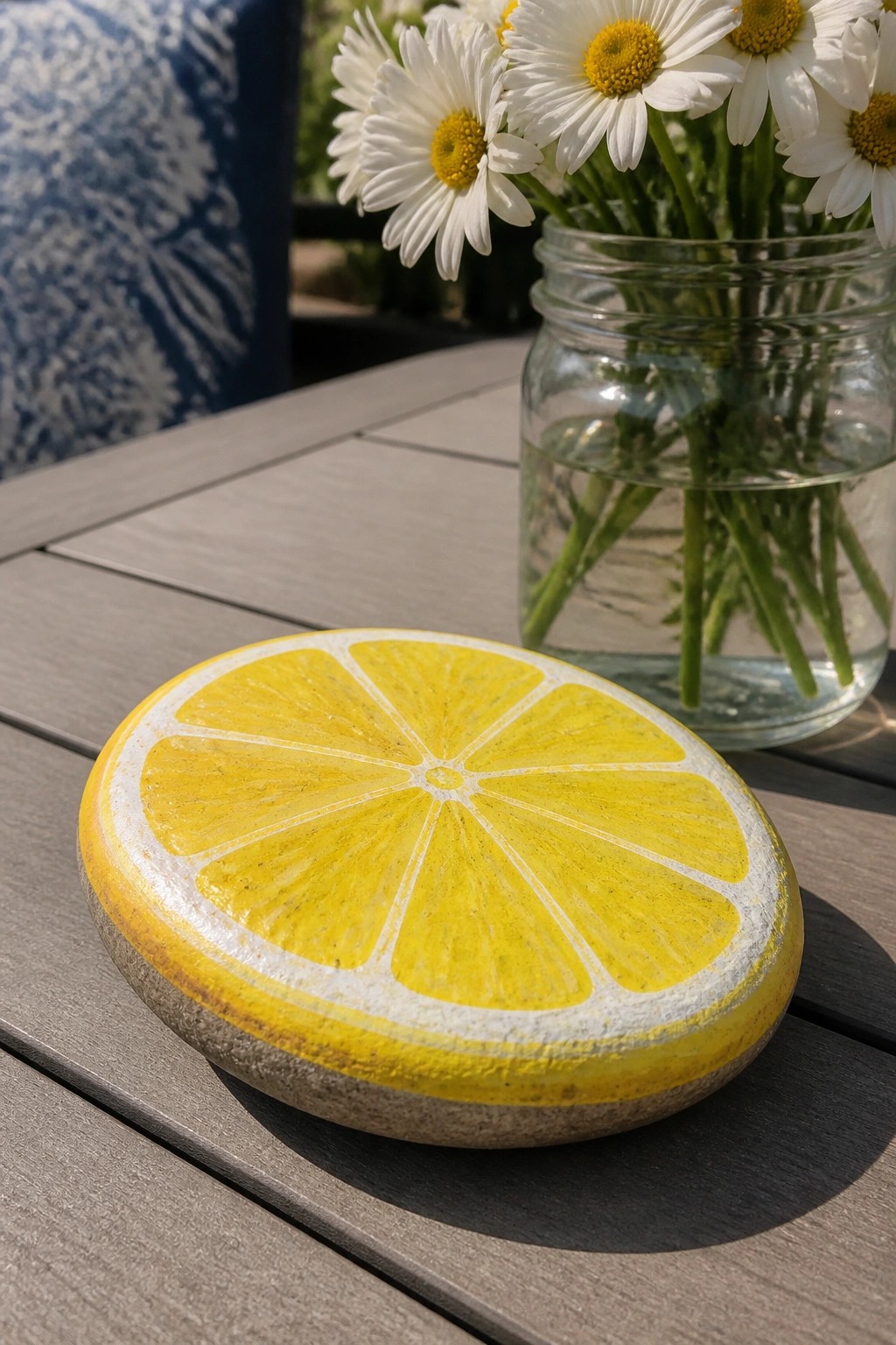 Yellow lemon slice painted on stone beside glass jar of white daisies on table.