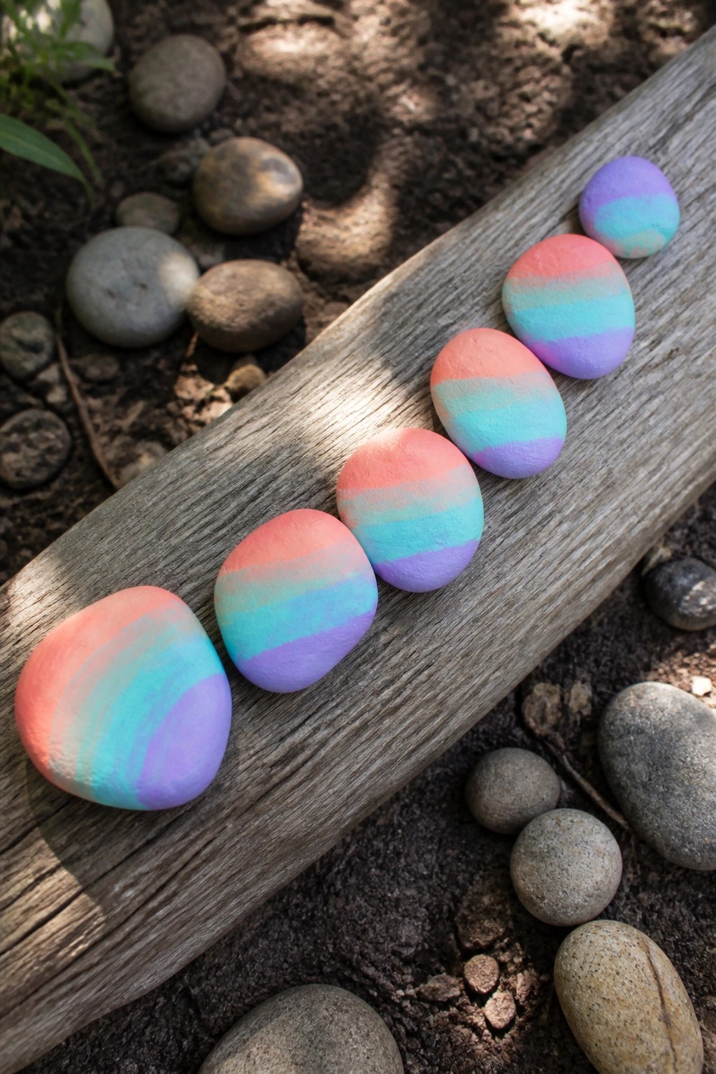 Five colorful striped rocks lined up on a weathered wooden plank outdoors.