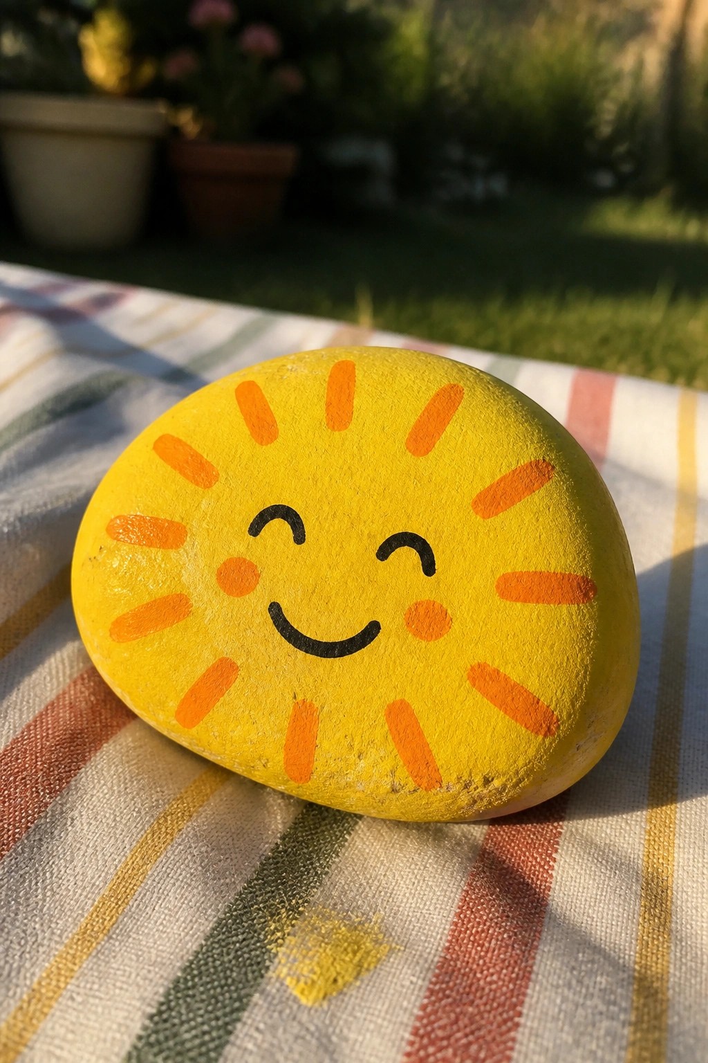 Yellow painted rock with smiling sun face and orange rays on striped cloth