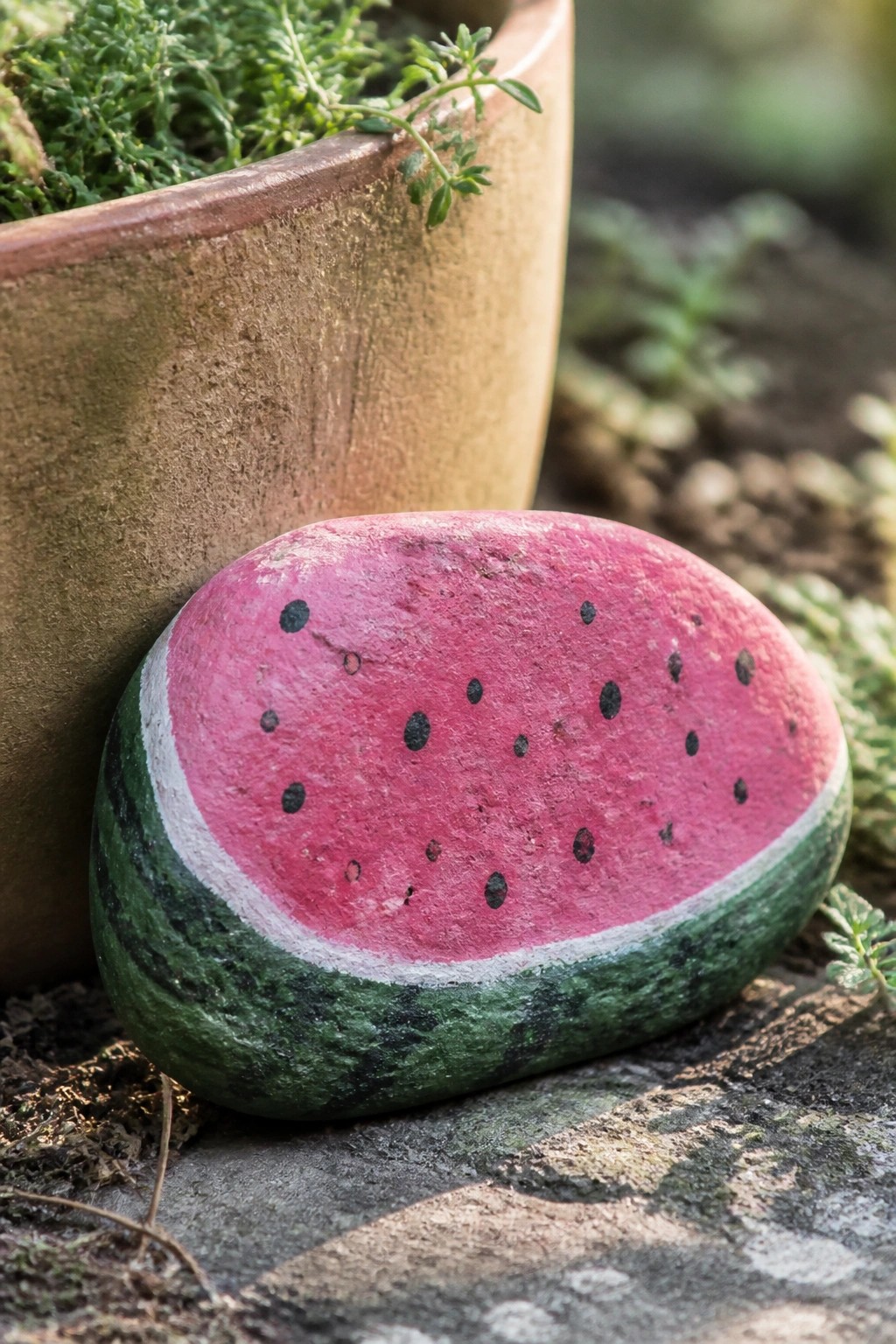 Painted watermelon rock with pink flesh, black seeds, green rind by plant pot
