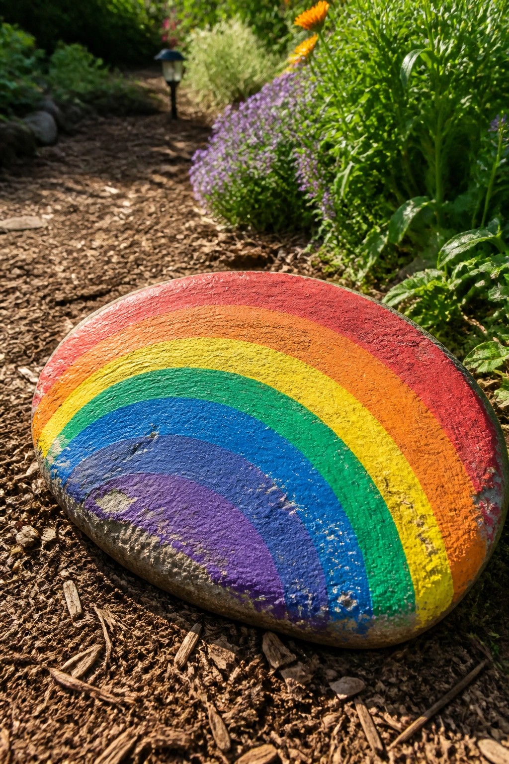 Rainbow-painted rock on dirt ground beside blooming garden flowers and plants