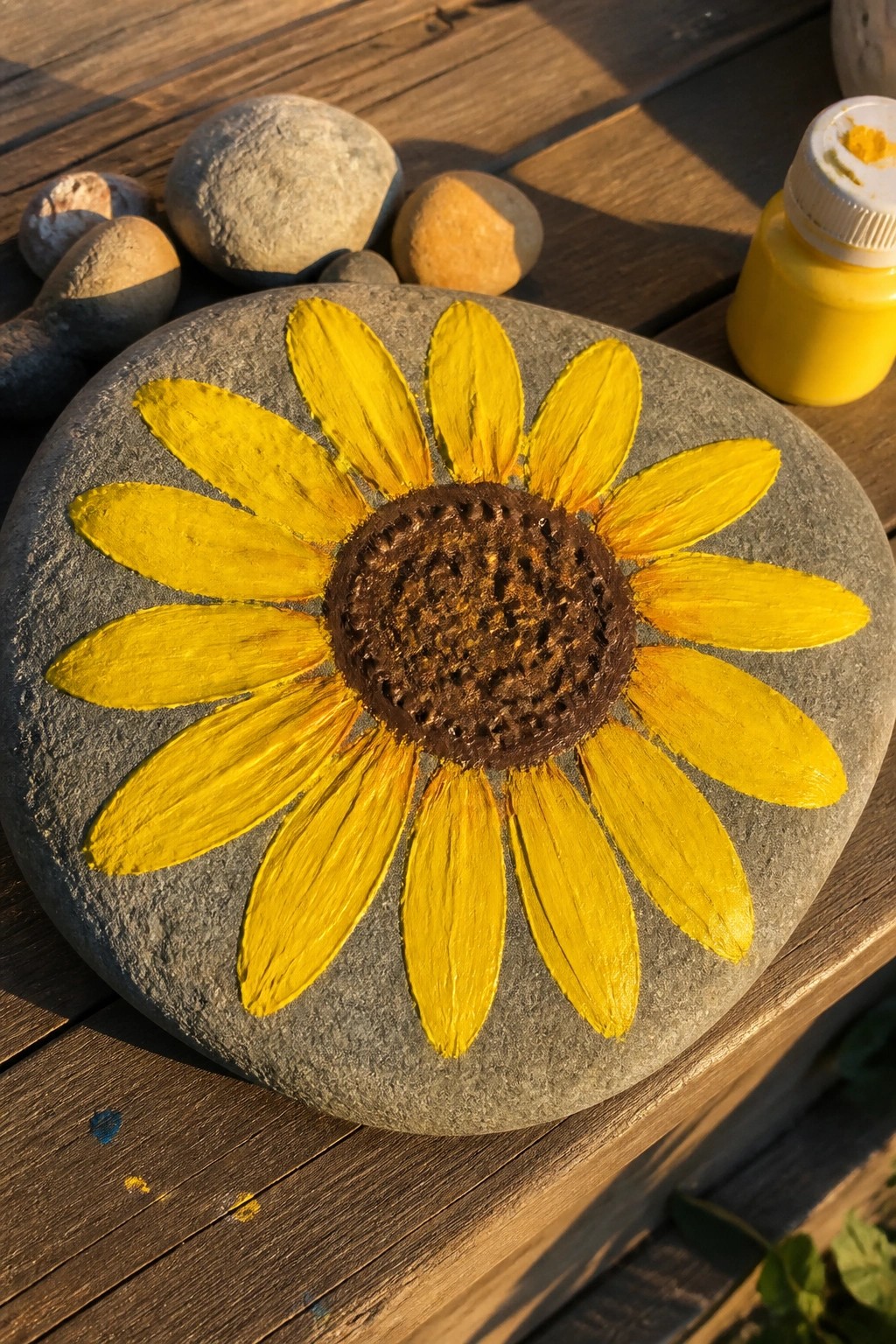 Yellow sunflower painted on gray rock beside yellow paint bottle on wood