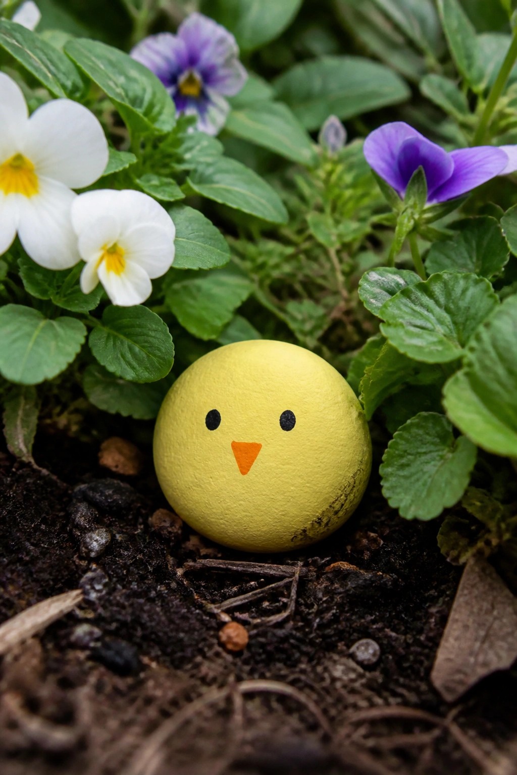 Yellow painted chick rock amid green leaves and purple white flowers on soil