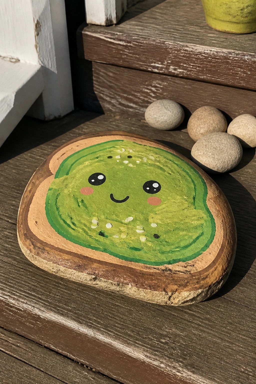 Painted rock shaped like avocado toast with cute smiling face on wooden steps